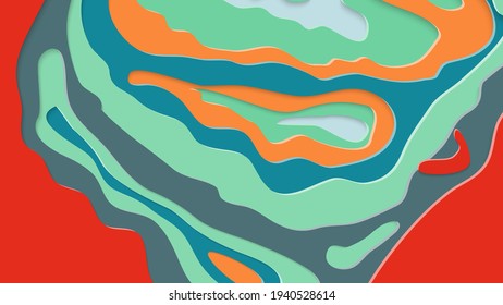Abstract 3D paper cut art. Colorful background  with wavy layered paper craft. Artistic vector cut out shapes with realistic shadow. Bright carving texture. Topography relief imitation.