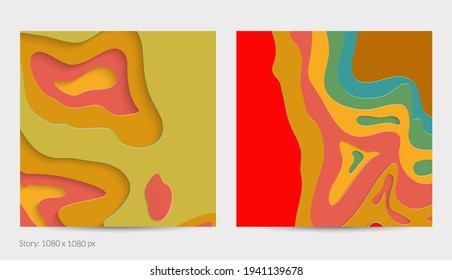 Abstract 3D paper cut art. Colorful background  with wavy layered paper craft. Artistic vector cut out shapes with realistic shadow. Bright carving texture. Topography relief imitation.