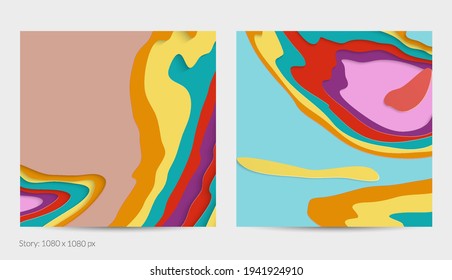 Abstract 3D paper cut art. Colorful background  with wavy layered paper craft. Artistic vector cut out shapes with realistic shadow. Bright carving texture. Topography relief imitation.