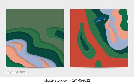 Abstract 3D paper cut art. Colorful background  with wavy layered paper craft. Artistic vector cut out shapes with realistic shadow. Bright carving texture. Topography relief imitation.