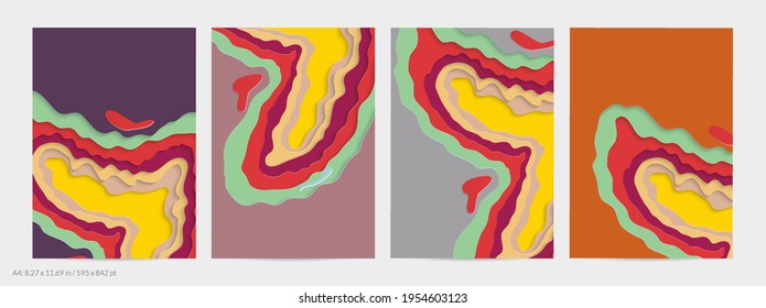 Abstract 3D paper cut art. Colorful background  with wavy layered paper craft. Artistic vector cut out shapes with realistic shadow. Bright carving texture. Topography relief imitation.