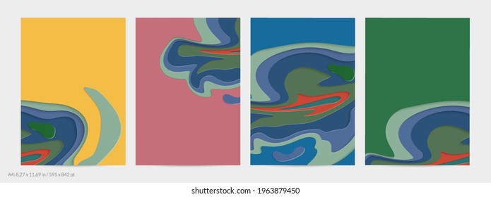 Abstract 3D paper cut art. Colorful background  with wavy layered paper craft. Artistic vector cut out shapes with realistic shadow. Bright carving texture. Topography relief imitation.