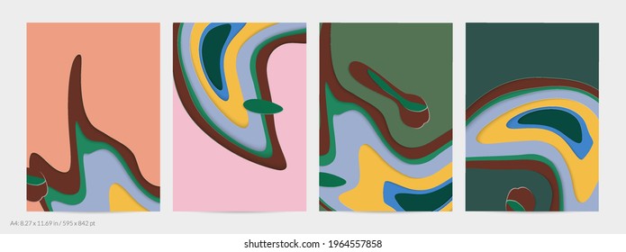 Abstract 3D paper cut art. Colorful background  with wavy layered paper craft. Artistic vector cut out shapes with realistic shadow. Bright carving texture. Topography relief imitation.