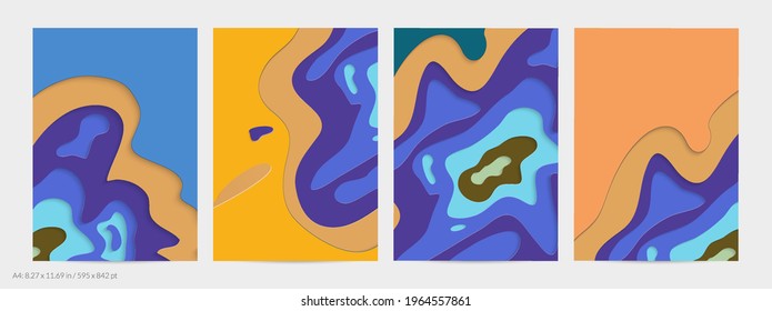 Abstract 3D paper cut art. Colorful background  with wavy layered paper craft. Artistic vector cut out shapes with realistic shadow. Bright carving texture. Topography relief imitation.