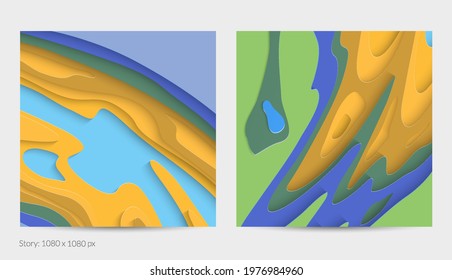 Abstract 3D paper cut art. Colorful background  with wavy layered paper craft. Artistic vector cut out shapes with realistic shadow. Bright carving texture. Topography relief imitation.