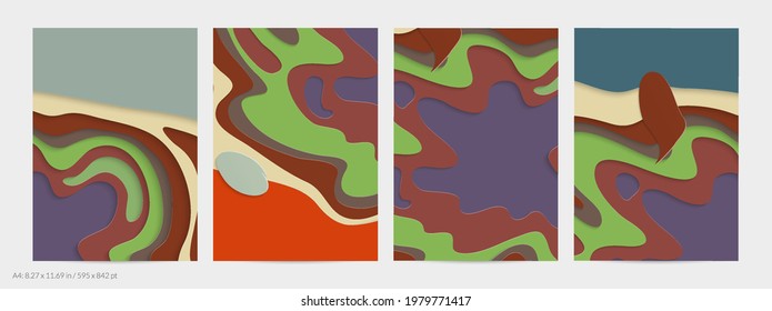 Abstract 3D paper cut art. Colorful background  with wavy layered paper craft. Artistic vector cut out shapes with realistic shadow. Bright carving texture. Topography relief imitation.