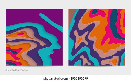 Abstract 3D paper cut art. Colorful background  with wavy layered paper craft. Artistic vector cut out shapes with realistic shadow. Bright carving texture. Topography relief imitation.