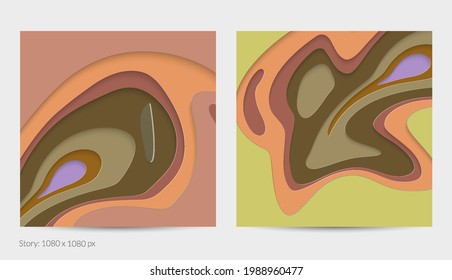 Abstract 3D paper cut art. Colorful background  with wavy layered paper craft. Artistic vector cut out shapes with realistic shadow. Bright carving texture. Topography relief imitation.