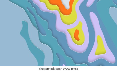 Abstrakte 3D-Papierschnitzerkunst. Farbiger Hintergrund mit gewelltem Papierhandwerk. Künstlerische Vektorgrafik schneidet Formen mit realistischem Schatten aus. Helle Schnittstruktur. Nachahmung der Topographie.