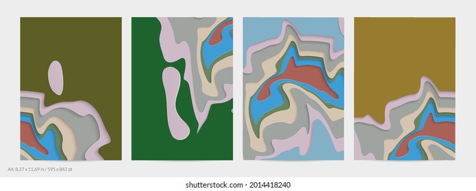Abstract 3D paper cut art. Colorful background  with wavy layered paper craft. Artistic vector cut out shapes with realistic shadow. Bright carving texture. Topography relief imitation.
