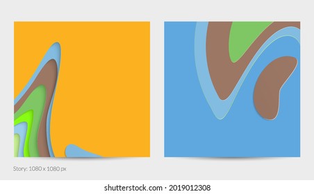 Resumen arte de corte de papel 3D. Fondo colorido con artesanía de papel de capas onduladas. Los vectores artísticos cortan formas con sombra realista. Textura de tallado brillante. Imitación de alivio topográfico.