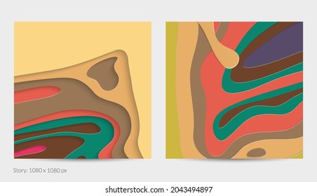 Abstrakte 3D-Papierschnitzerkunst. Farbiger Hintergrund mit gewelltem Papierhandwerk. Künstlerische Vektorgrafik schneidet Formen mit realistischem Schatten aus. Helle Schnittstruktur. Nachahmung der Topographie.
