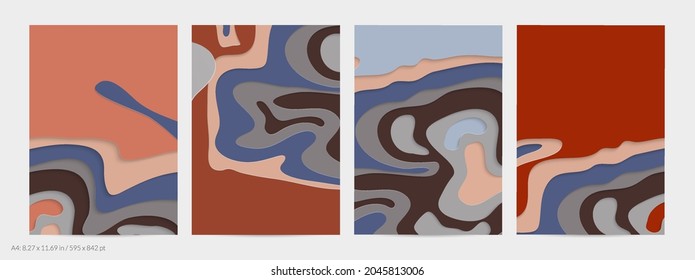 Abstrakte 3D-Papierschnitzerkunst. Farbiger Hintergrund mit gewelltem Papierhandwerk. Künstlerische Vektorgrafik schneidet Formen mit realistischem Schatten aus. Helle Schnittstruktur. Nachahmung der Topographie.