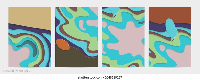 Abstract 3D paper cut art. Colorful background  with wavy layered paper craft. Artistic vector cut out shapes with realistic shadow. Bright carving texture. Topography relief imitation.