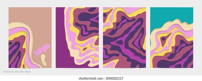 Abstract 3D paper cut art. Colorful background  with wavy layered paper craft. Artistic vector cut out shapes with realistic shadow. Bright carving texture. Topography relief imitation.
