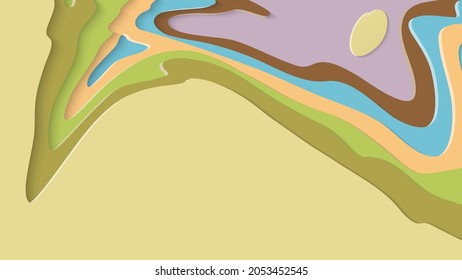 Abstrakte 3D-Papierschnitzerkunst. Farbiger Hintergrund mit gewelltem Papierhandwerk. Künstlerische Vektorgrafik schneidet Formen mit realistischem Schatten aus. Helle Schnittstruktur. Nachahmung der Topographie.