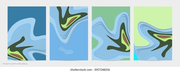 Abstrakte 3D-Papierschnitzerkunst. Farbiger Hintergrund mit gewelltem Papierhandwerk. Künstlerische Vektorgrafik schneidet Formen mit realistischem Schatten aus. Helle Schnittstruktur. Nachahmung der Topographie.