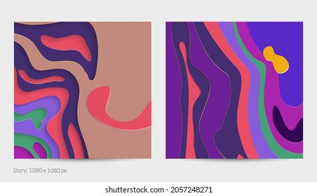 Abstrakte 3D-Papierschnitzerkunst. Farbiger Hintergrund mit gewelltem Papierhandwerk. Künstlerische Vektorgrafik schneidet Formen mit realistischem Schatten aus. Helle Schnittstruktur. Nachahmung der Topographie.