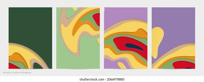 Abstrakte 3D-Papierschnitzerkunst. Farbiger Hintergrund mit gewelltem Papierhandwerk. Künstlerische Vektorgrafik schneidet Formen mit realistischem Schatten aus. Helle Schnittstruktur. Nachahmung der Topographie.