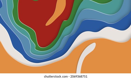 Abstract 3D paper cut art. Colorful background  with wavy layered paper craft. Artistic vector cut out shapes with realistic shadow. Bright carving texture. Topography relief imitation.