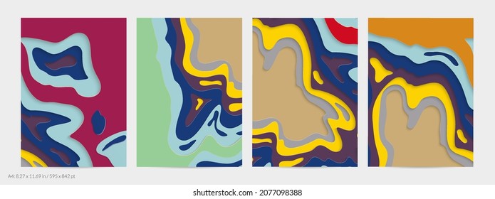Abstract 3D paper cut art. Colorful background  with wavy layered paper craft. Artistic vector cut out shapes with realistic shadow. Bright carving texture. Topography relief imitation.