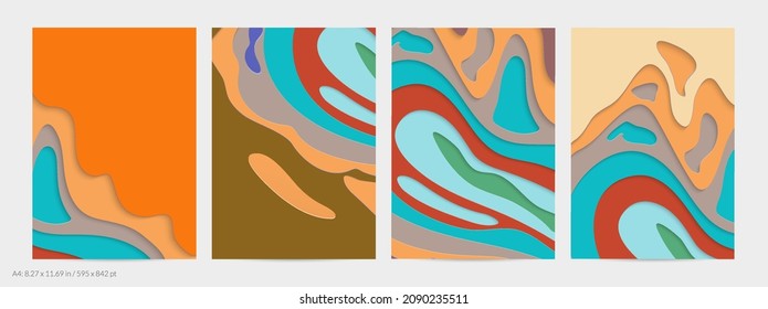 Abstract 3D paper cut art. Colorful background  with wavy layered paper craft. Artistic vector cut out shapes with realistic shadow. Bright carving texture. Topography relief imitation.