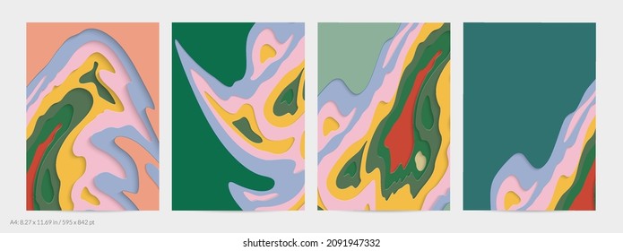 Abstract 3D paper cut art. Colorful background  with wavy layered paper craft. Artistic vector cut out shapes with realistic shadow. Bright carving texture. Topography relief imitation.