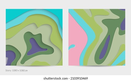 Abstract 3D paper cut art. Colorful background  with wavy layered paper craft. Artistic vector cut out shapes with realistic shadow. Bright carving texture. Topography relief imitation.