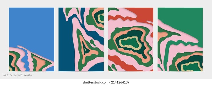Abstract 3D paper cut art. Colorful background  with wavy layered paper craft. Artistic vector cut out shapes with realistic shadow. Bright carving texture. Topography relief imitation.