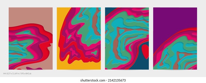 Abstract 3D paper cut art. Colorful background  with wavy layered paper craft. Artistic vector cut out shapes with realistic shadow. Bright carving texture. Topography relief imitation.