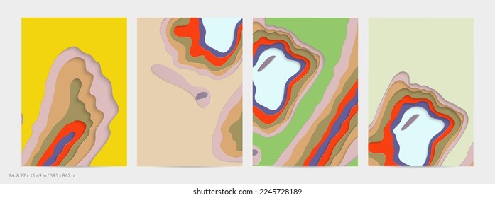 Abstract 3D paper cut art. Colorful background  with wavy layered paper craft. Artistic vector cut out shapes with realistic shadow. Bright carving texture. Topography relief imitation.
