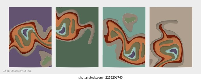 Abstract 3D paper cut art. Colorful background  with wavy layered paper craft. Artistic vector cut out shapes with realistic shadow. Bright carving texture. Topography relief imitation.