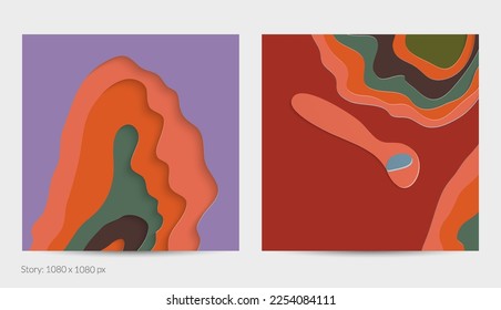 Abstract 3D paper cut art. Colorful background  with wavy layered paper craft. Artistic vector cut out shapes with realistic shadow. Bright carving texture. Topography relief imitation.