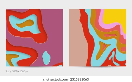 Abstract 3D paper cut art. Colorful background  with wavy layered paper craft. Artistic vector cut out shapes with realistic shadow. Bright carving texture. Topography relief imitation.