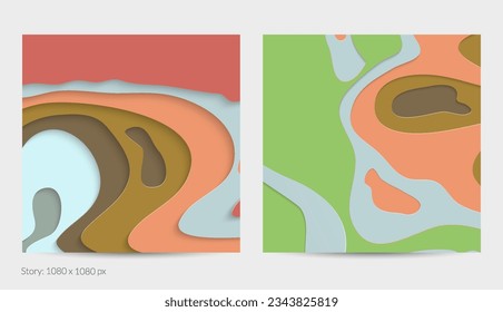 Abstract 3D paper cut art. Colorful background  with wavy layered paper craft. Artistic vector cut out shapes with realistic shadow. Bright carving texture. Topography relief imitation.