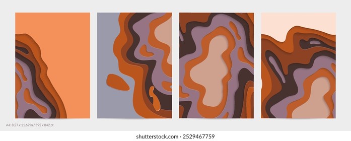 Abstrakte 3D-Papierschnitt-Kunst. Farbiger Hintergrund mit welligen geschichteten Papier Handwerk. Künstlerische Vektorgrafik schneiden Formen mit realistischen Schatten aus. Helle Schnitztextur. Imitation des Reliefs der Topographie.