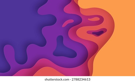 Abstract 3D paper cut background featuring colorful layered organic fluid shapes in purple, pink, and orange hues. Topographic liquid design with soft drop shadows and vibrant gradients.