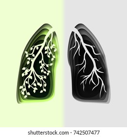 abstract 3d paper cut illustration of green human healthy and sick lungs with branch ans leaves. 