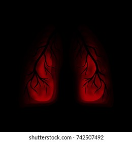 abstract 3d paper cut illustration of red human sick lungs with branch without leaves.
