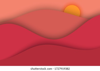 montañas vectoriales de capa de corte de papel 3D abstracta y sol en tono rojo