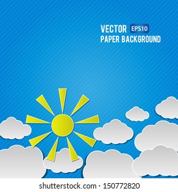 Abstract 3D Paper Sky With Clouds And Sun Background. High quality vector illustration. Eps10.