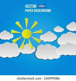 Abstract 3D Paper Sky With Clouds And Sun Background. High quality vector illustration. Eps10.