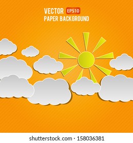 Abstract 3D Paper Sky With Clouds And Sun Background