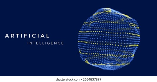 Abstractas esfera de partículas 3D en tonos azules con efectos de malla y holograma, que simbolizan la tecnología global, la inteligencia artificial, los datos de blockchain, la estructura de la red cibernética y las conexiones futuristas.