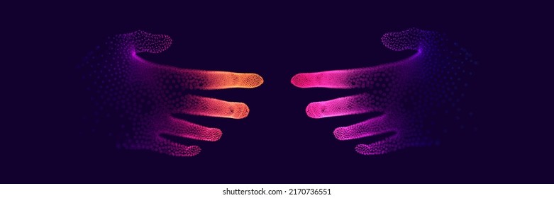 Abstract 3D Particles Hands Geometric Background. Touch to Electronic Display. Digital Dots Human Hand. Futuristic Technology Backdrop. Virtual reality Vector Illustration.