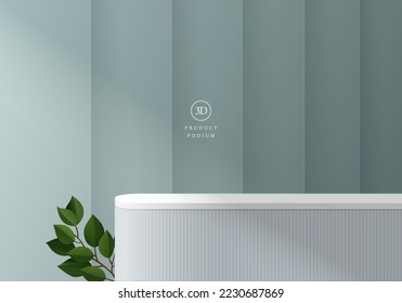 Abstract 3D pastel blue background with realistic white round stand product podium and green leaf. Luxury minimal wall scene mockup display presentation. Vector geometric forms. Stage for showcase. 