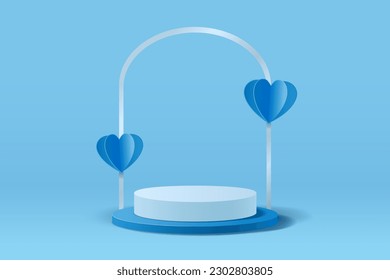 Abstract 3D pastel blue scene with cylinder stand for displaying products decorated with paper cut hearts and arch silver, Father's Day background, Vector illustration