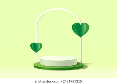 Abstract 3D pastel green scene with cylinder stand for displaying products decorated with paper cut hearts and white arch, Save Environment background, Vector illustration