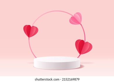 Abstract 3D pastel pink scene with white cylinder stand for displaying products decorated with red and pink paper cut hearts, Valentine's Day or Mother's Day background, Vector illustration