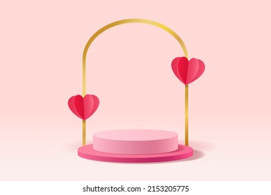 Abstract 3D pastel pink scene with cylinder stand for displaying products decorated with paper cut hearts and arch gold, Valentine's Day or Mother's Day background, Vector illustration